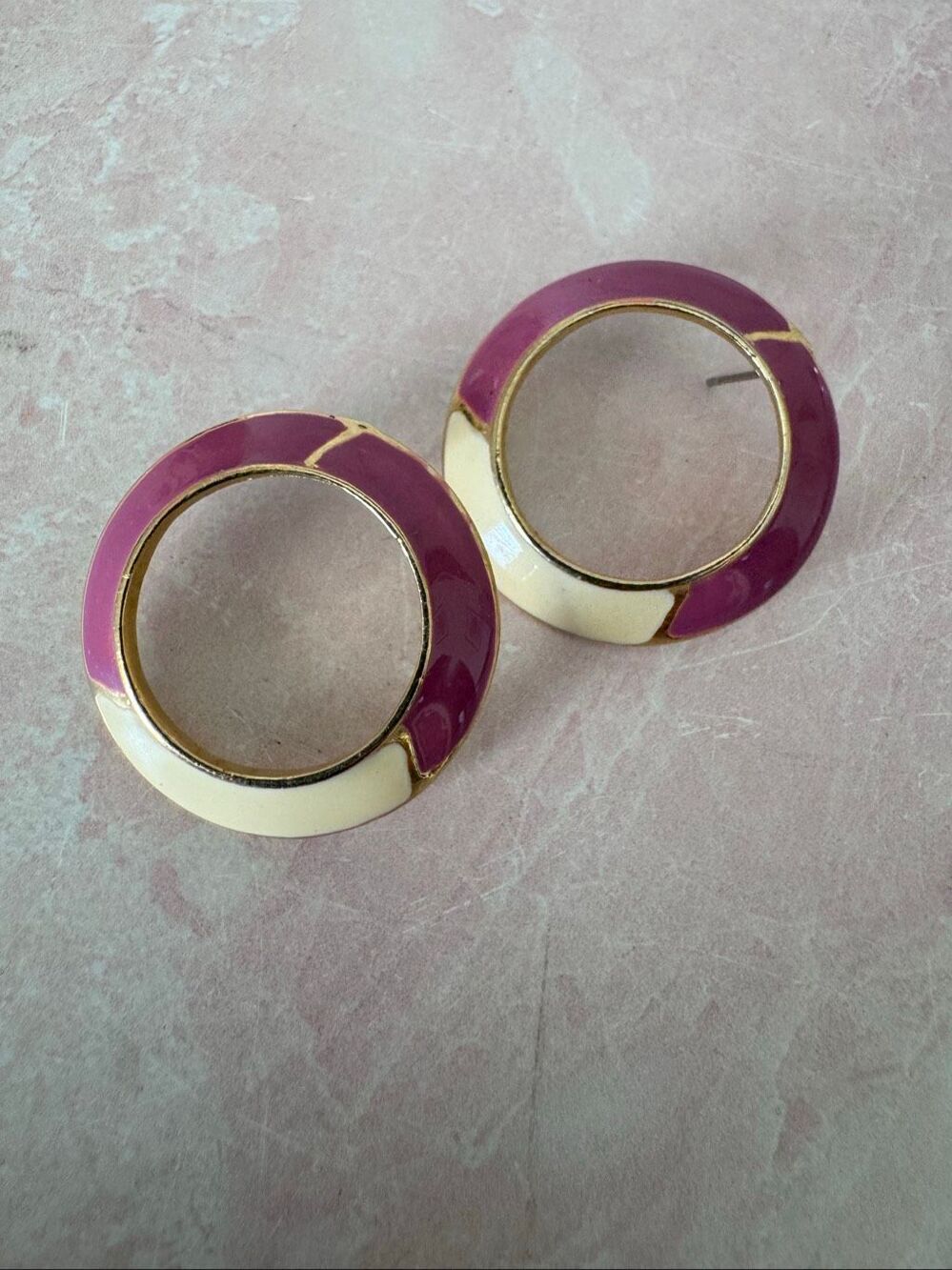Earrings circular vintage 90s purple gold cream glossy circle two tone colorbloc